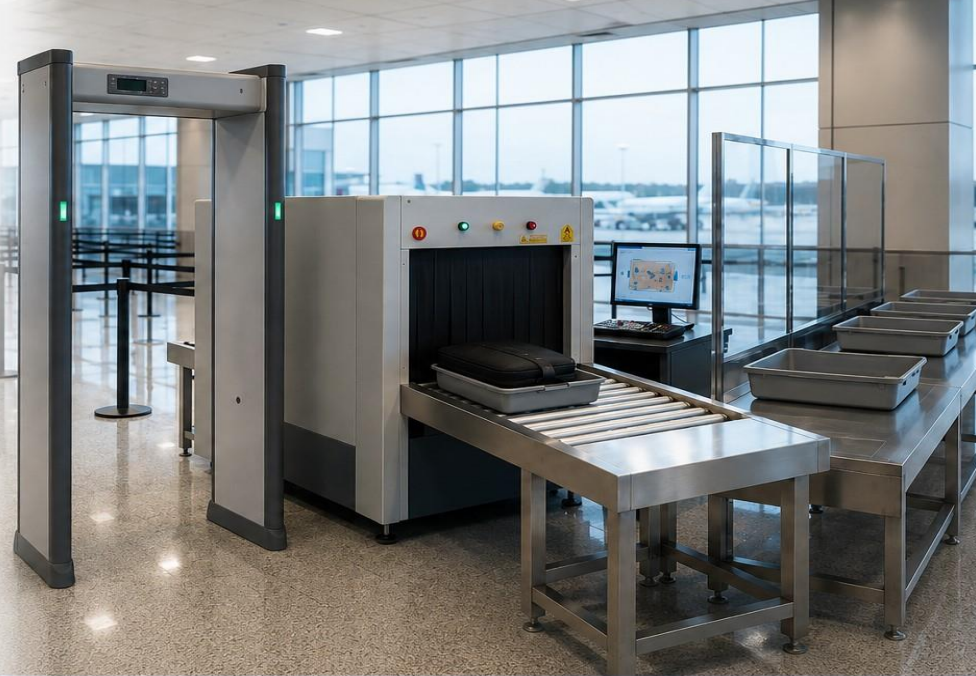 Canal de inspeção aeroportuária com equipamento de raio X e pórtico detector de metais