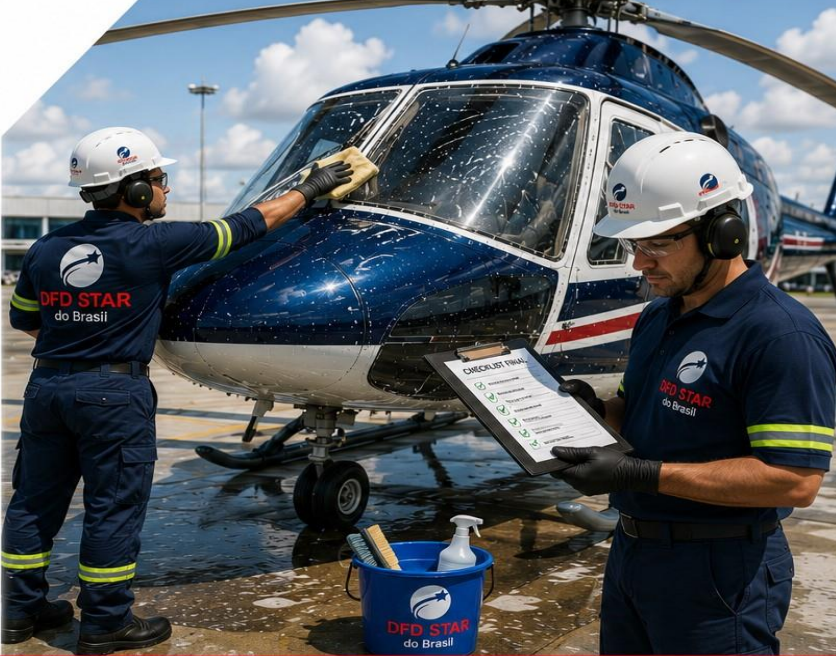 Equipe DFD Star realizando lavagem técnica e inspeção de helicóptero